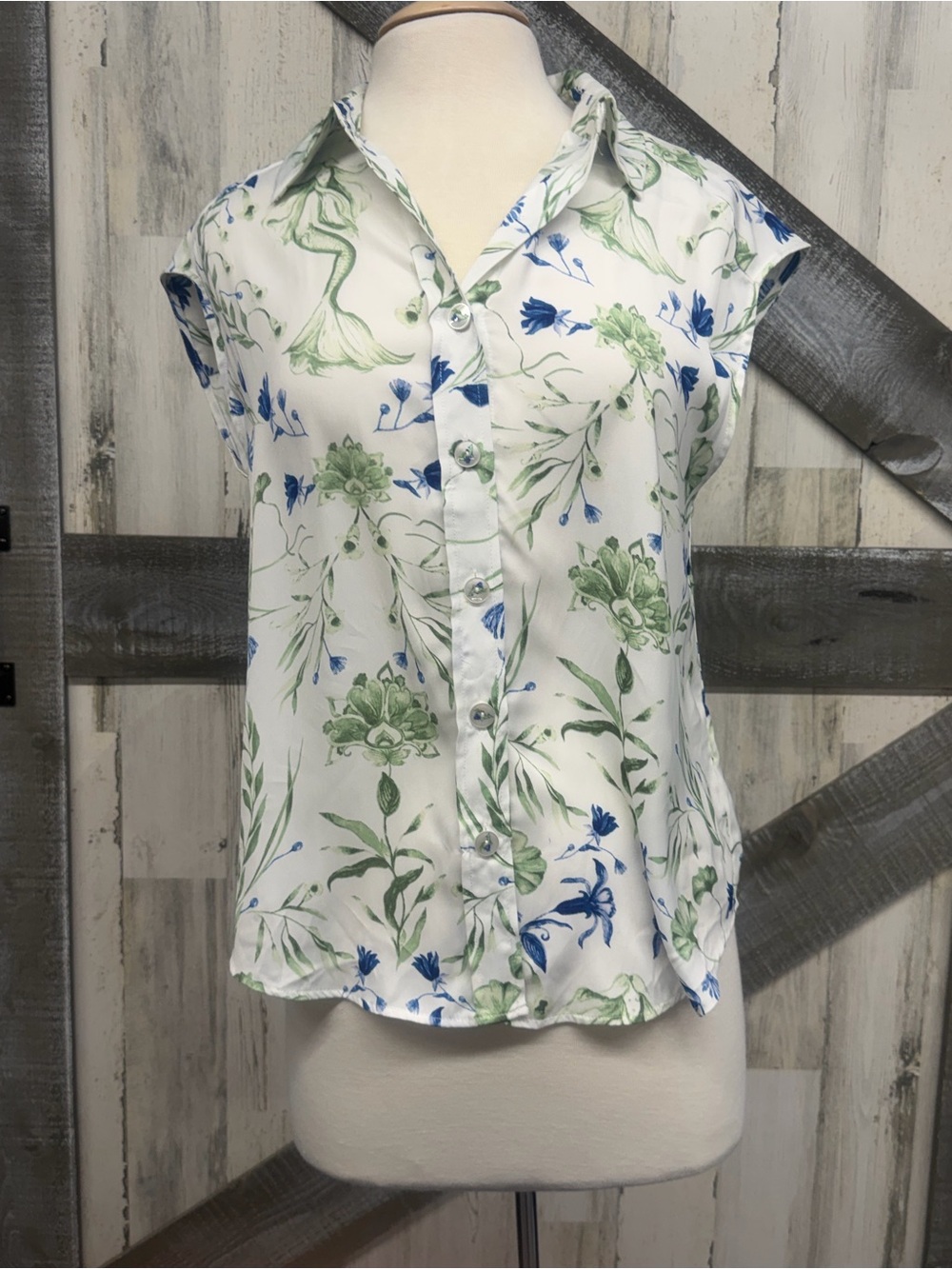 Cap-Sleeve Floral Button-Front Blouse - White with Blue & Green